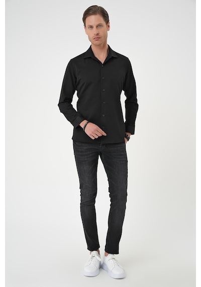 Efor Slim Fit Dokulu Erkek Yaka Pamuklu Klasik Siyah Gömlek Gk 740 Siyah