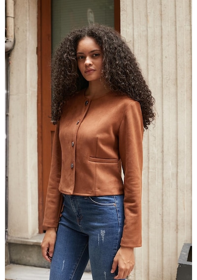 Kadın Esnek Süet Kumaş Sıfır Yaka Flato Cepli Uzun Kol Blazer Ceket-taba Taba