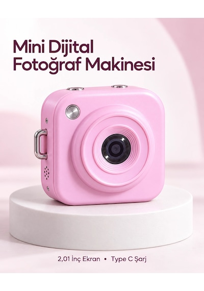 128 Gb A Kadar Hafıza Kartı Destekli Pembe Mini Dijital Fotoğraf Makinesi Standart