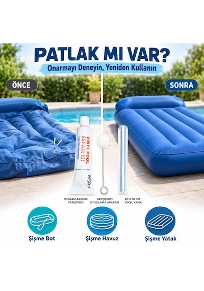 Argeus Şişme Bot Havuz Ve Yatak Tamir Kiti 20x10 Cm Yama 10 G Yapıştırıcı