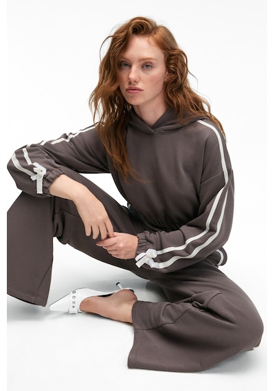 Grimelange ROSELLE Kadın Kapüşonlu Yan Şeritli Kurdele Detay Crop Antrasit Sweatshirt