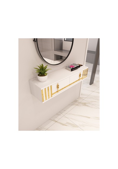 Perla 90 Cm Duvara Monte 2 Kapaklı Raflı Makyaj Masası Dresuar Beyaz-altın Beyaz-altın Perla 90 Cm Duvara Monte 2 Kapaklı Raflı Makyaj Masası Dresuar Beyaz-altın Beyaz-altın