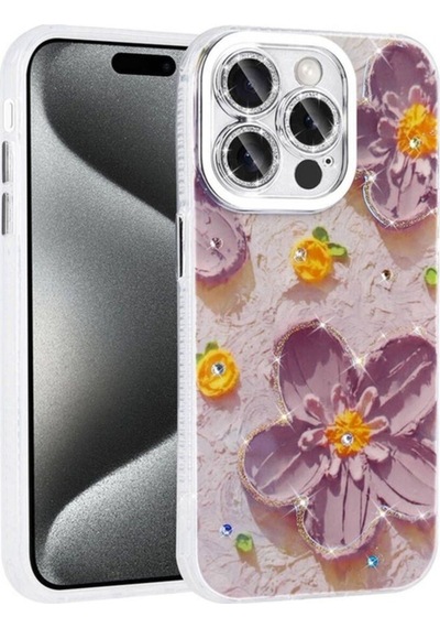 Apple Uyumlu iPhone 15 Pro Kılıf Çiçek Desenli Parlak Taşlı Sert Silikon Zore Garden Kapak Mor