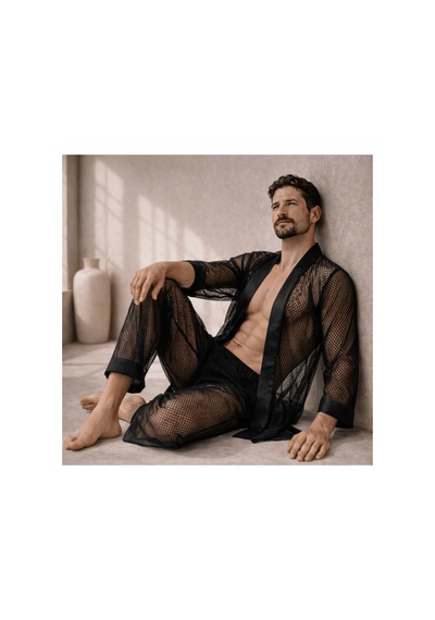 Qmen Style Erkek Kimono Takımı - 3 Lü File Set Bornoz + Pantolon + Şort Siyah