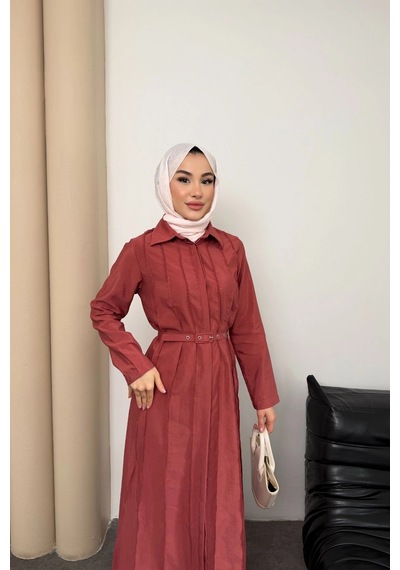 Mihran Butik Quenn Model Coupra Model Kumaş Kemer Detaylı Elbise Kiremit