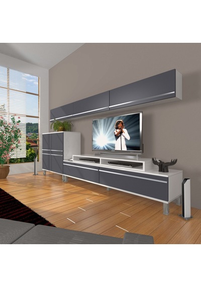 Decoraktiv Ekoflex 8 Mdf Krom Ayaklı Tv Ünitesi Tv Sehpası Beyaz - Antrasit