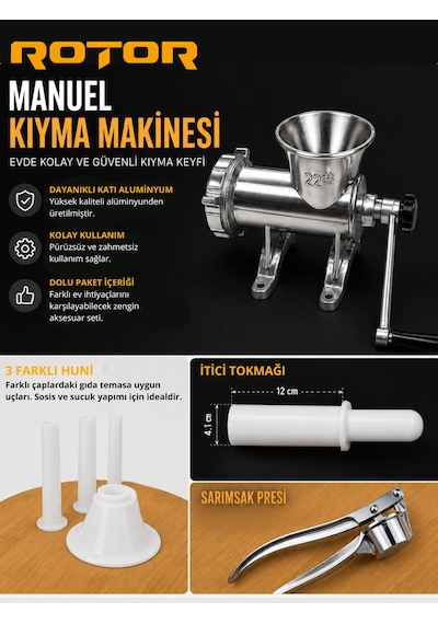 Manuel Et Kıyma Makinesi No:22 Alüminyum Döküm Paslanmaz Bıçak Ve Izgaralı