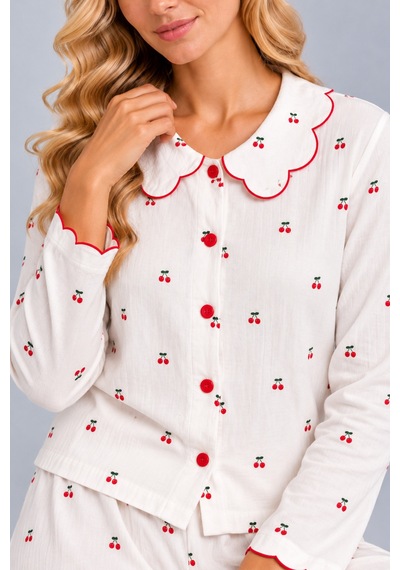 Pijamask Kadın Çiçek Desenli Bebe Yaka Düğmeli Uzun Kollu Müslin Pijama Takımı Beyaz