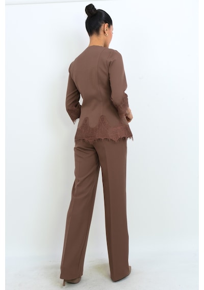 Dorne Moda Dantel Detaylı Düğmeli Pantolon Takım - Düğün - Mezuniyet - Ofis Şıklığı beyaz