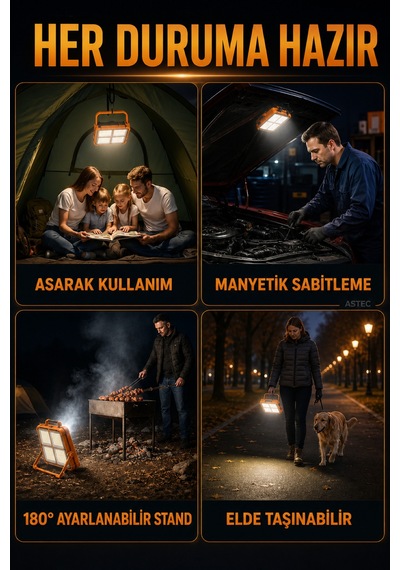 Astec Solar Şarjlı Led Projektör Powerbank Özellikli Ip66 Kamp Acil Durum Çakarlı Premium