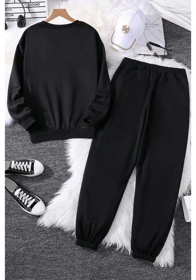 Uyguntarz Unisex Malibu Baskılı Bisiklet Yaka Sweatshirt - 2'li Eşofman Takımı Siyah