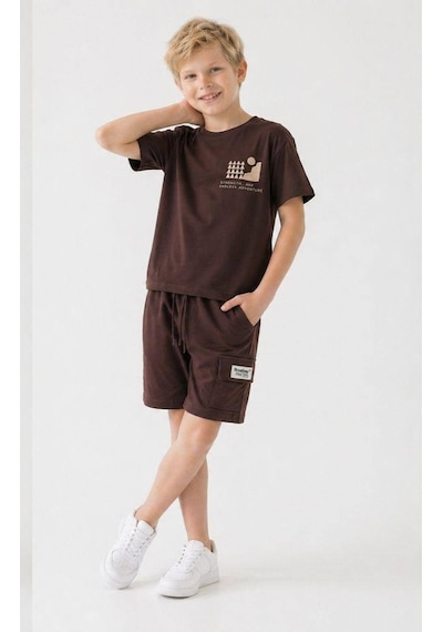 Miniko Kids Erkek Çocuk Kargo Cepli Pamuk Şortlu Takım Kahverengi