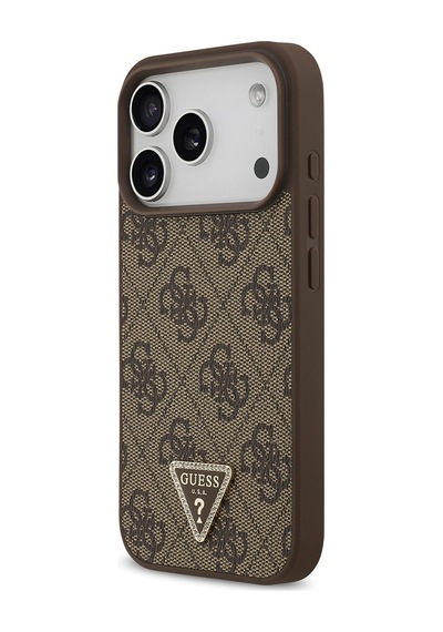 Apple iPhone Uyumlu 18 Pro Kılıf Guess Lisanslı M-safeli Taşlı Üçgen Logo 4g Desenli Strass Kapak Kahverengi