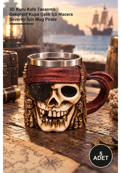 5 Adet Korsan Kupa Bardak 3d Kuru Kafa Tasarımlı Dekoratif Kupa Çelik İçli Macera Severler İçin Mug Pirate Diğer