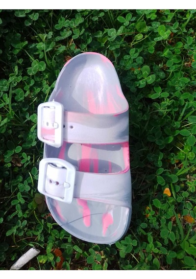 Ayfox Eva Çocuk Terlik Çift Tokalı Günlük Ev Banyo Plaj Terliği Önü Açık Çocuk Terlikleri Pembe Beyaz Ebruli