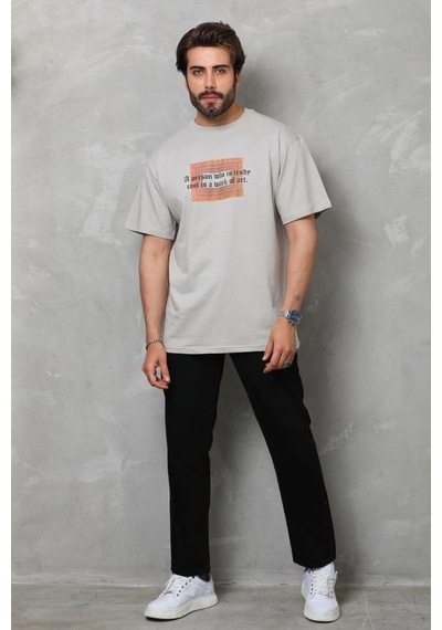Erkek Baskılı T-shirt Kısa Kol Bisiklet Yaka Regular Fit Rahat Kalıp Tişört - Gri