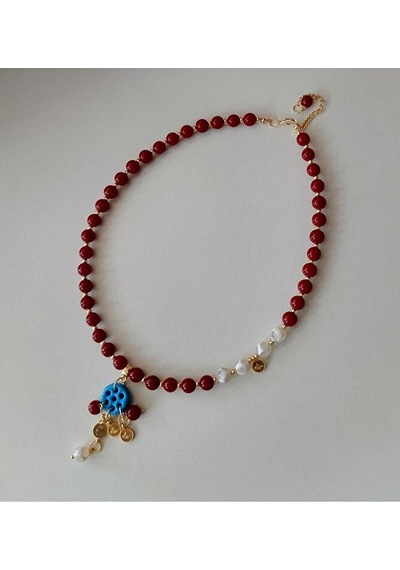Luna Yeşil Tibet Akiği Lav Taşı Siyah Oniks Süryani Cam Boncuk Detaylı Tasarım Kolye Bordo
