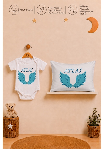 Pia Baby Erkek Bebek İsme Özel Hediye Seti %100 Pamuk Body Yastık Kılıfı Ve Ham Bez Bebek Kıyafet Kesesi 2017byk2x Ekru