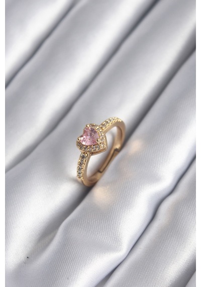 Pirinç Gold Renk Pembe Zirkon Taş Kalp Charm Model Kadın Yüzük Diğer 02134882