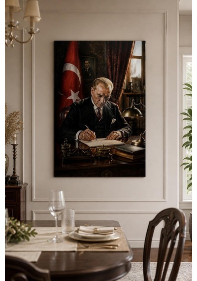 Atatürk Çalışma Masasında Baskılı Cam Tablo Uv Baskı Dekoratif Duvar Tablosu