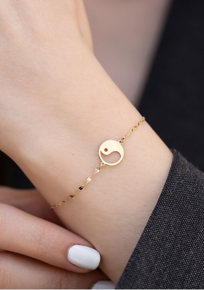 14 Ayar Altın Aynalı Zincir Yin Yang Bileklik Sarı Altın