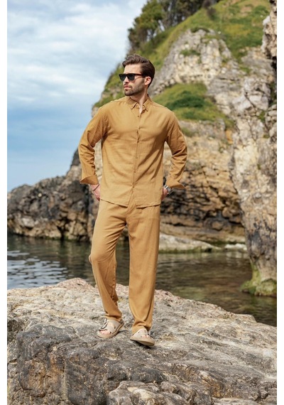 Madmext Hardal Rahat Kesim Keten Erkek Gömlek Pantolon Takım E7362
