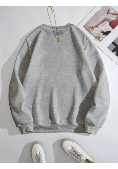 Spiritual Çizgi Figür Sweatshirt - Gri Baskılı Oversize Kalın Kışlık Bisiklet Yaka Gri