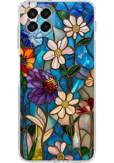 Printify Samsung Galaxy M33 İle Uyumlu Vitray Mavi Bahar Tasarımlı Şeffaf Silikon Kılıf Şeffaf