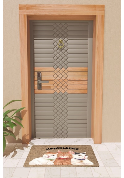 Rugmood Modern Dijtal Baskı Kediler Hoşgeldiniz Kapı Önü Paspası Çok Renkli