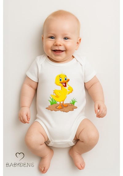 Babyden's %100 Pamuklu Sevimli Hayvan Figürlü Bebek Body Unisex Çıtçıtlı Kısa Kollu Zıbın Ördek Beyaz