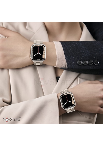 Novstrap Apple Uyumlu  Watch Seri 7/8 45mm Kordon Starlight Yıldız Işığı Klasik Metal Çelik Kordon