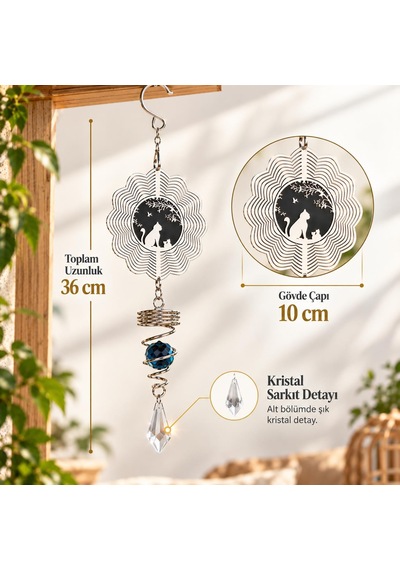 Kedi Desenli Rüzgar Çanı 36 Cm Metal Kristal Sarkıtlı Dekoratif Balkon Bahçe Asma Süsü