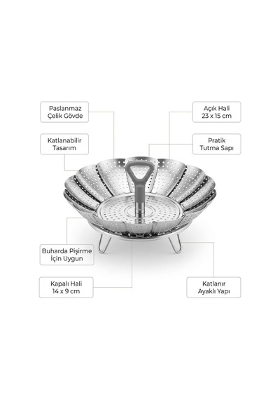 Paslanmaz Çelik Katlanabilir Haslama Sepeti, Ayaklı Buharda Pişirme Aparatı, Sebze Haşlama Süzgeci, Pratik Tutma S
