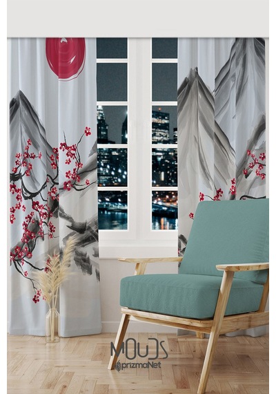 Blossom Japan 2 Desenli Süet Oturma Odası Salon Fon Perde Baskılı Ekstrafor Büzgü 2 Kanat Prd-1107 Çok Renkli
