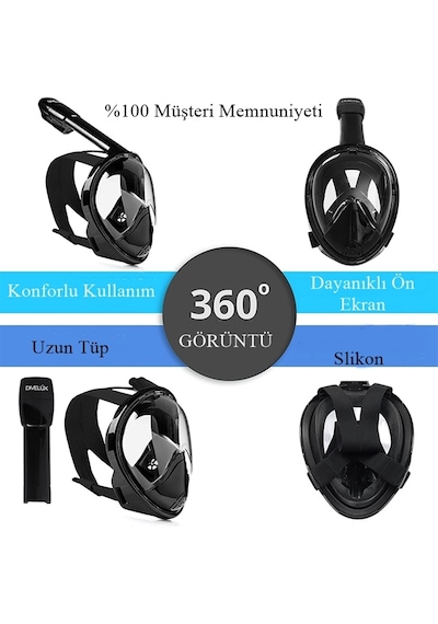 Lxl Beden Dalış Maskesi Ekipmanları 360 Derece Full Face Dalış Maskesi Buğu Önleyici Yüzme Gözlüğü Şnorkel Siyah