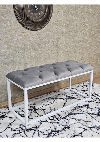 Zafir Beyaz Boyalı Diktörtgen 100 Cm X 40 Cm Oturak Puf - Bench - Makyaj Oturağı - Oturak Gri