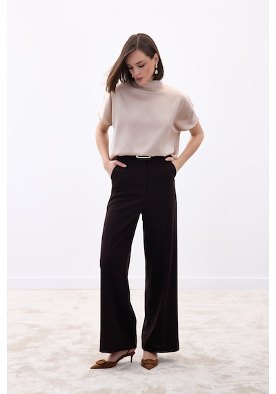 Sateen Palazzo Krep Pantolon - Kahve-136712 kahve