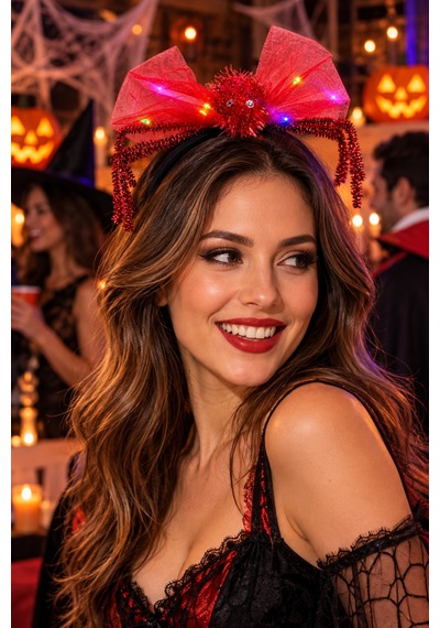 Halloween Led Işıklı Örümcek Kırmızı Taç Saç Bandı Tüllü Cadılar Bayramı Parti Kostüm Aksesuarı Diğer