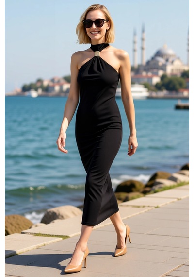 Benerly Kadın Bodycon Halter Yaka Kolsuz Midi Esnek Örme Elbise Aksesuar Siyah