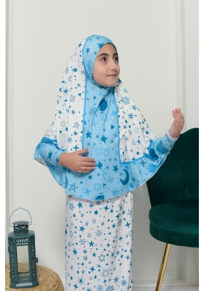 Çocuk Namaz Takımı Pratik İki Parça Desenli Kollu Tak Çıkar Başörtülü Likralı Tesettür Elbise 6-12 Yaş 901-0301 Çok Renkli