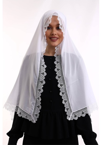 İğne Oyalı Dantelli Eşarp Demor Mevlüt Örtüsü Beyaz