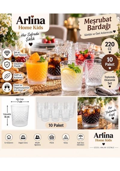 220 Cc Yuvarlak Desenli Plastik Meşrubat Bardağı 10 Lu Paket Beyaz