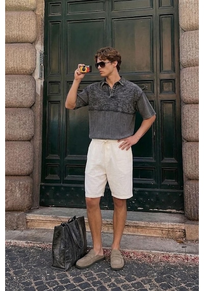Vamos Yıkamalı Triko Oversize Polo Yaka Tişört V70-53 Siyah