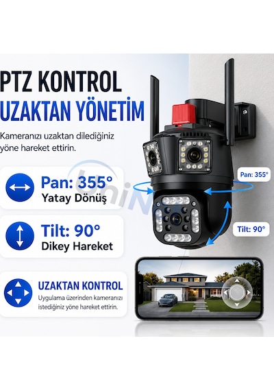 Uninet 9mp Çift Lensli Wifi Ptz Güvenlik Kamerası 3 Ekran Görüntü, 50 Metre Gece Görüşü Ve Polis Çakarı