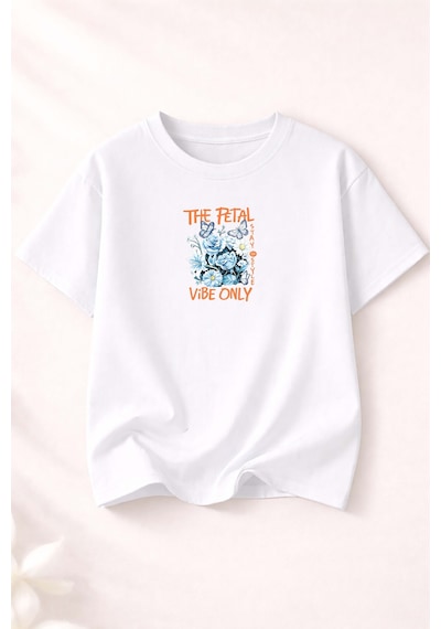 Herkesemoda The Petal Baskı Detaylı Bisiklet Yaka Pamuklu Basic T-shirt Beyaz