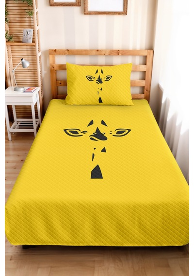 Sarı Zürafa Minimal Genç Odası Tek Kişilik Pike Takımı - Siyah 160x220 Cm Kapitone Yatak Örtüsü Ilık Ufuk Kabuğu
