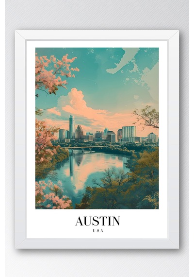 Austin Usa Vintage Seyahat Posteri Çerçeveli Tablo - Premium Şehir Manzaralı Elit Duvar Dekoru Beyaz