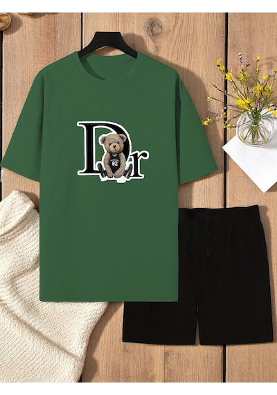 Uyguntarz Unisex Dr. Ayı Tasarım Basklı Tshirt Şort Takımı Yeşil
