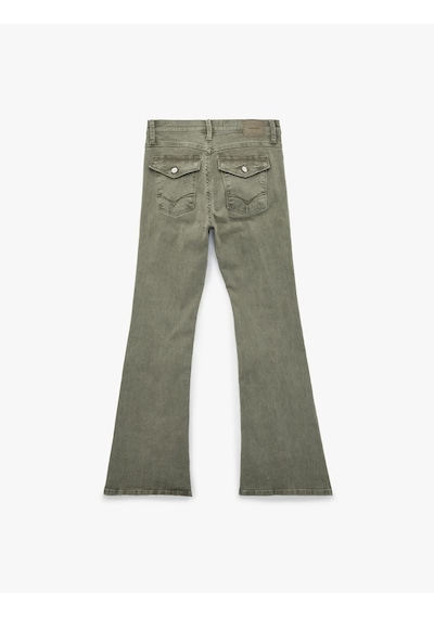Koton Nervürlü Cepli Düğmeli İspanyol Paça Denim Pantolon - Flare Jeans Haki 6sal40080mw Haki