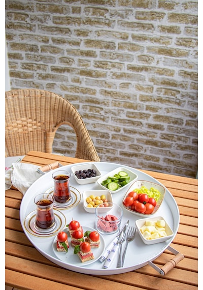 Kitchen Trend Ahşap Kulplu Metal Çay Kahve Sunum Tepsi Seti 3'lü